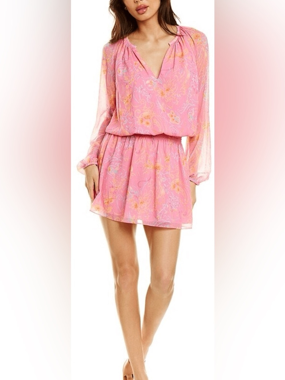 Ramy Brook Sz M Landa Floral Semi Sheer Sleeves Pink Mini Dress
